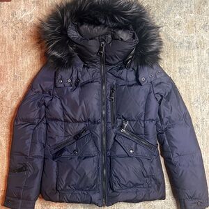 SAM. Navy Puffer Jacket with Fur Trim Hood Small